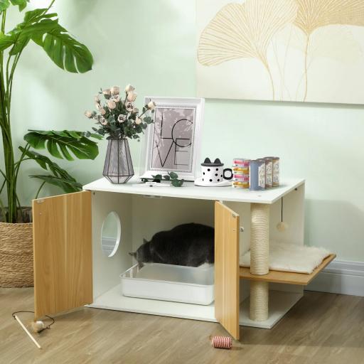 Mueble Arenero para Gatos con Centro de Juegos Cojín Pelota Puerta Lateral y Patas Antideslizantes 94x48x50,5cm Blanco