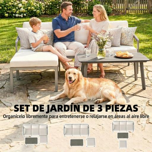 Conjunto de Jardín Exterior de 3 Piezas con Sofá de 3 Plazas Reposapiés Mesa de Centro y Cojines Marrón y Beige [2]