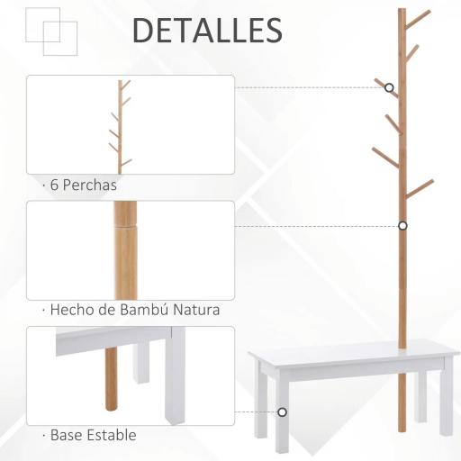 Perchero de Pie con Banco Colgador Tipo Árbol Moderno 6 Ganchos para Colgar Ropa Bolsa Pasillo Entrada Bambú y MDF 80x30x180cm [3]