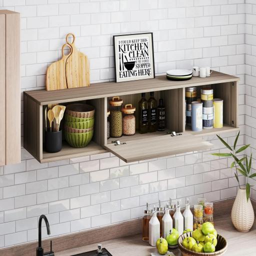 Armario de Pared Mueble de TV Colgante con 2 Compartimentos Abiertos y Puerta Abatible 120x30x29,5 cm Marrón [4]