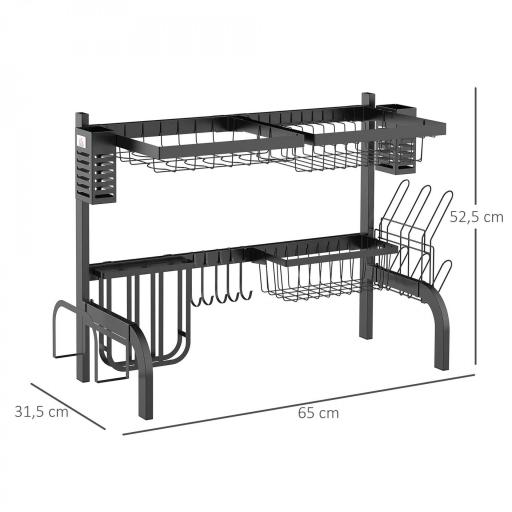 Escurreplatos de Acero de 2 Niveles para Fregadero con Diferentes Soportes y 5 Ganchos 65x31,5x52,5cm Negro [1]