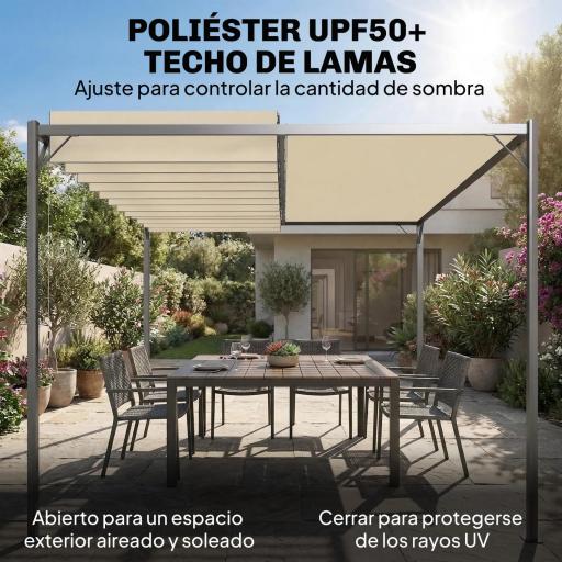 Pérgola de Jardín 3x4 m con Protección UPF 50+ Gazebo con Techo Ajustable Estructura de Metal para Exterior Crema [5]
