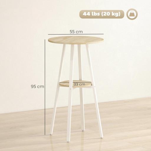 Mesa Alta Cocina Redonda con Estante de Almacenamiento Moderna para 2 Personas 55x55x95 cm Madera Natural y Blanco [1]
