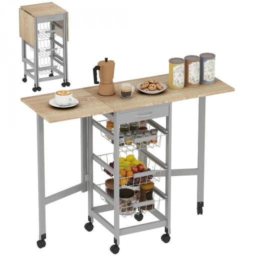 Carrito Auxiliar Plegable Carrito de Cocina con 6 Ruedas 1 Cajón y 3 Cesta de Metal 97,2x37x77,5 cm Gris y Roble [9]