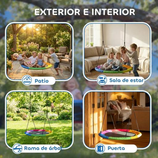 Columpio Nido Infantil Ø120 cm Altura Ajustable Columpio Redondo para Niños para Árbol Carga 300 kg Multicolor [5]