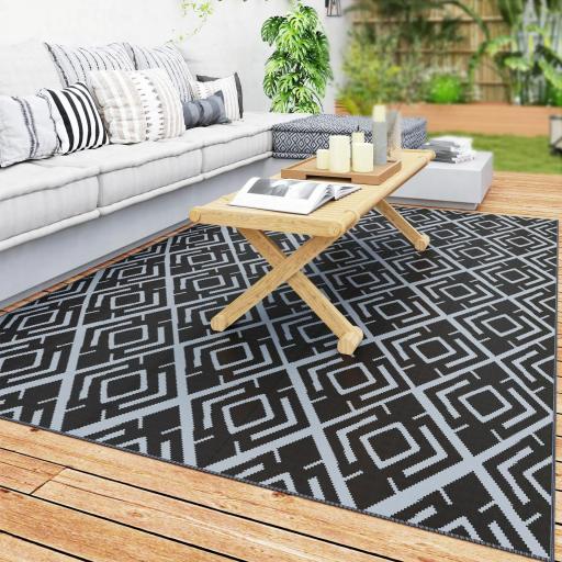 Alfombra de Exterior Reversible 182x274 cm con Patrón Geométrico de Rombos Impermeable Bolsa de Transporte Negro [9]