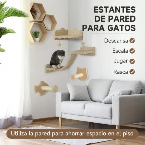 Rascador de Pared para Gatos con 2 Postes de Sisal Plataforma Doble con Escalera Suave y 1 Plataforma para Saltar Beige [3]