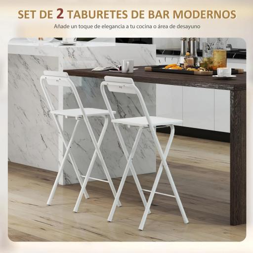 Juego de 2 Taburetes de Bar Plegables con Respaldo Reposapiés y Marco de Acero para Comedor Mostrador Blanco [3]