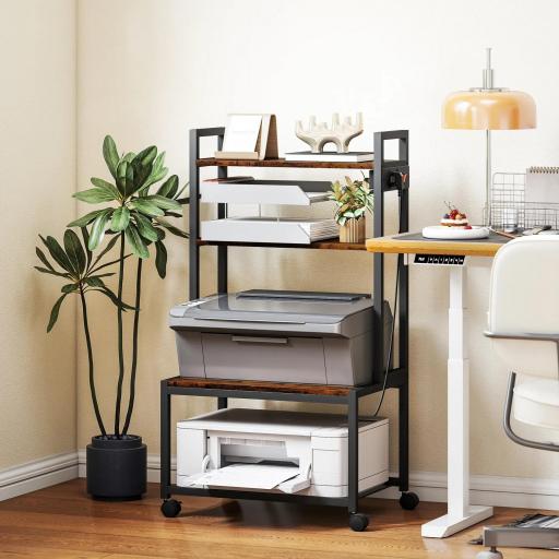 Mueble para Impresora de 4 Niveles con Estación de Carga Ruedas y Marco Metálico para Oficina Casa Marrón Rústico