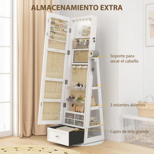 Espejo Joyero con Luces LED Armario Joyero con Espejo Entero Giratorio de 360° Cajón Cerradura Blanco [6]