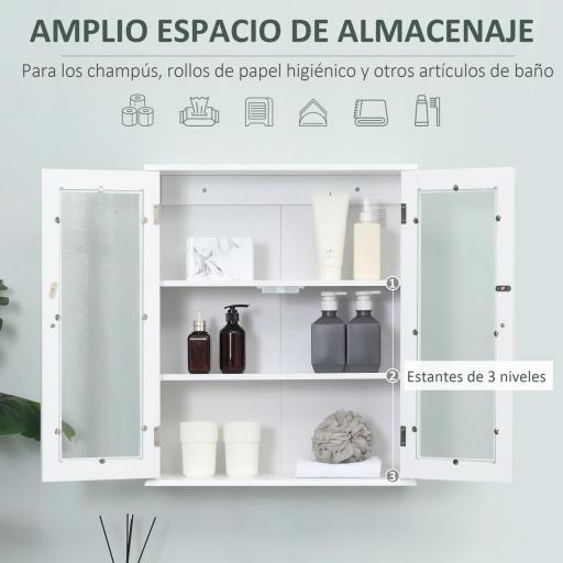 Armario de Pared Baño de 2 Puertas de Cristal Armario Colgante Multiusos para Cocina Salón con Estantes Interiores y Balda Ajustable 55x20x65 cm Blanco  [6]