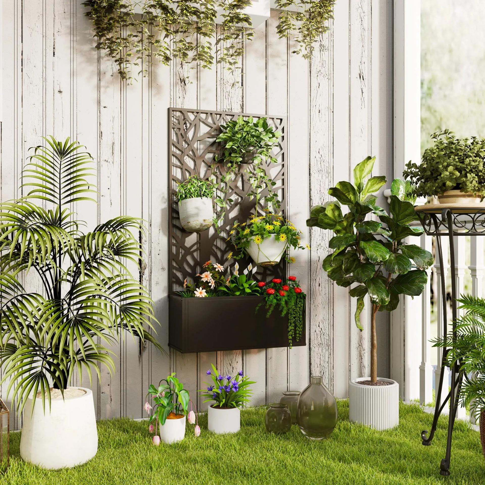 Jardinera Elevada con Panel de Privacidad de Ramas Decorativas de Metal y Opción de Montaje en Pared 61x23x113 cm Negro