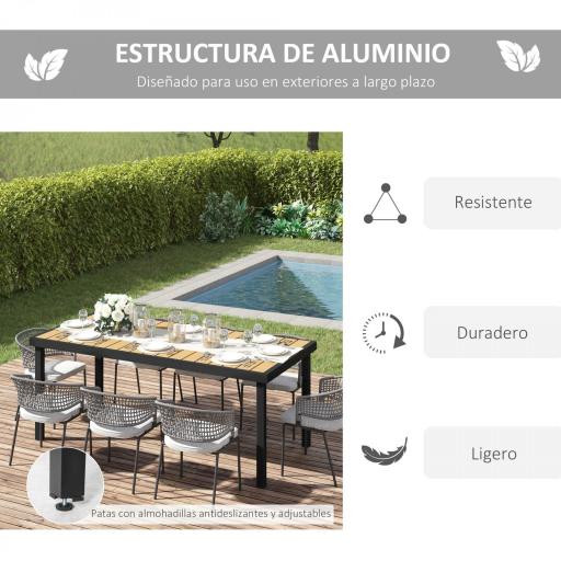 Mesa de Comedor Exterior de Aluminio Mesa de Jardín Exterior para 8 Personas con Encimera de Listones para Terraza Balcón 190x90x74 cm Natural y Negro [7]