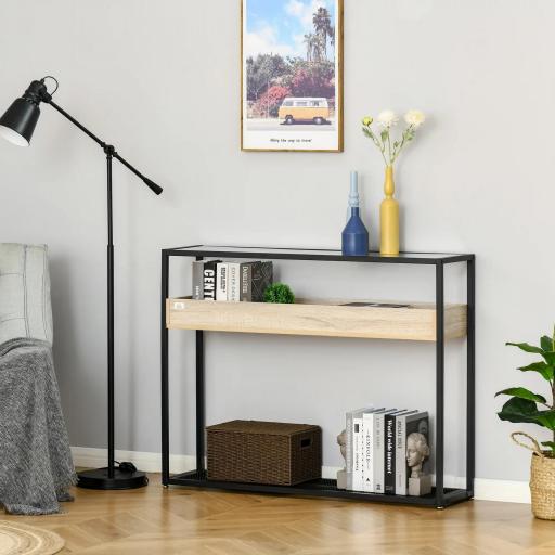 Mesa Consola de Entrada 108x28x85 cm Mueble Recibidor con Encimera de Cristal Estante y Rejilla Inferior Marco de Acero para Pasillo Salón Extremo del Sofá Negro [3]