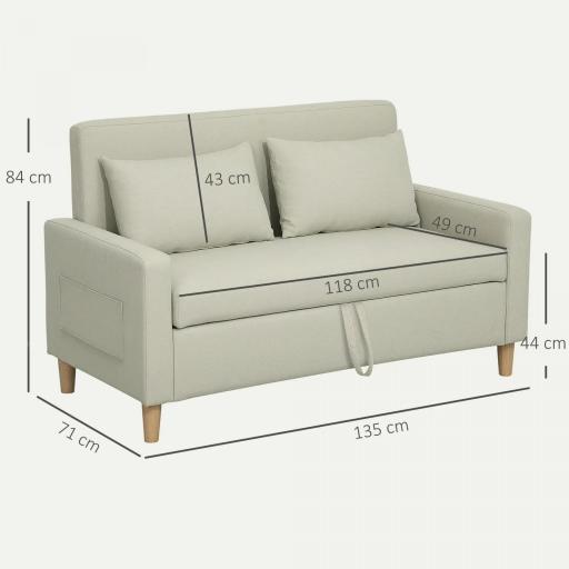 Sofá de 2 Plazas Tapizado en Lino Sintético con Espacio de Almacenaje 2 Almohadas y Patas de Madera 135x71x84 cm Beige [1]
