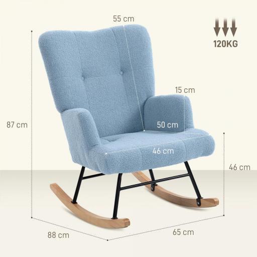 Silla Mecedora de Terciopelo de Teddy con Respaldo Alto Patas de Madera de Caucho Reposabrazos Azul Claro [1]