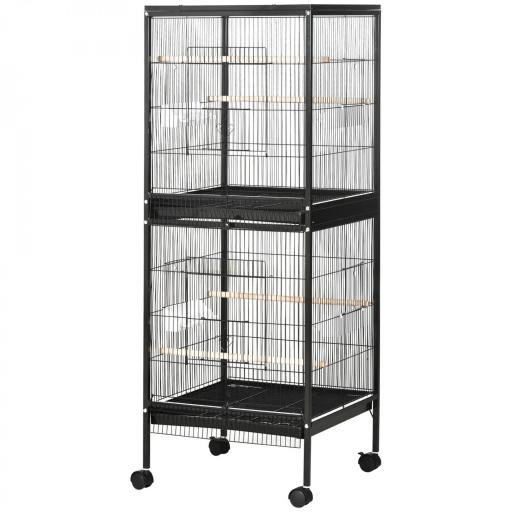 Jaula para Pájaros de 2 Niveles con Ruedas Bandejas Extraíbles Puertas Comederos Perchas 51,5x50x140 cm Negro [8]