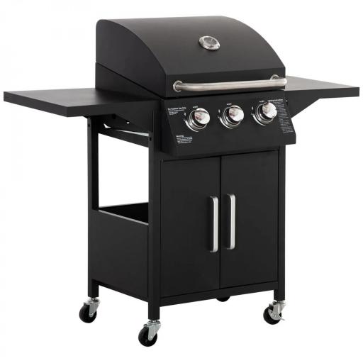 Barbacoa de Gas con 3 Quemadores 8,7 KW con 2 Mesas Laterales Armario de 2 Puertas 4 Ruedas y Frenos 121x55x109 cm Negro [8]