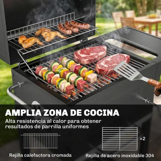 Barbacoa de Carbón Portátil con Parrilla de Acero Inoxidable Estante Lateral Termómetro Bandeja y Ruedas Negro [7]