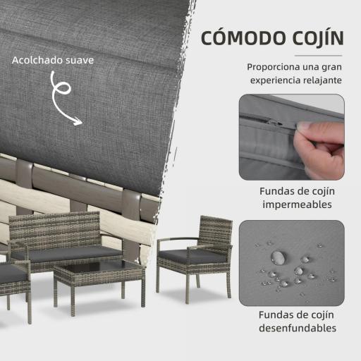 Juego de 4 Piezas Muebles de Jardín con 2 Sillones 1 Sofá de 2 Plazas y 1 Mesa de Centro de Tablero de Vidrio Gris [5]