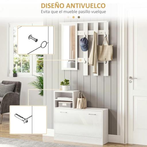 Recibidor con Espejo Perchero y Zapatero Muebles de Entrada con 6 Ganchos y Estantes para 8 Pares de Zapatos Blanco [4]