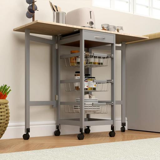 Carrito Auxiliar Plegable Carrito de Cocina con 6 Ruedas 1 Cajón y 3 Cesta de Metal 97,2x37x77,5 cm Gris y Roble [6]