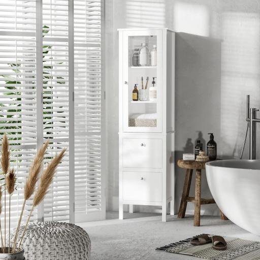 Armario Alto para Baño Mueble Columna de Baño con Puerta de Cristal Estantes Ajustables y 2 Cajones 43x35x160 cm Blanco [7]