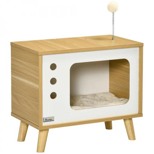 Cama Cueva para Gatos Estilo Televisor con Cojín Lavable y Bola de Juguete 50x28x43 cm Roble [7]
