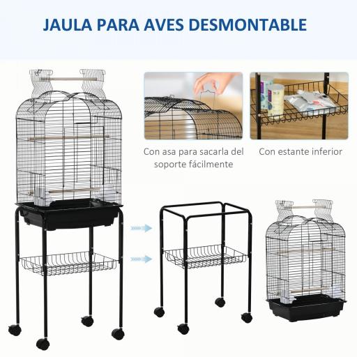 Jaula para Pájaros con Soporte Jaula de Aves Canarios con 4 Ruedas Techo Abrible 2 Comederos 3 Perchas Bandeja Extraíble y Estante Inferior 46x36x130 cm Negro [7]