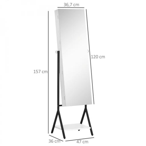 Espejo Joyero de Pie Cuerpo Entero Ajustable en Ángulo Armario de Joyería con Estante Inferior Cerradura Magnética Ranuras y Cajas para Joyas 47x36x157 cm Blanco y Negro [1]