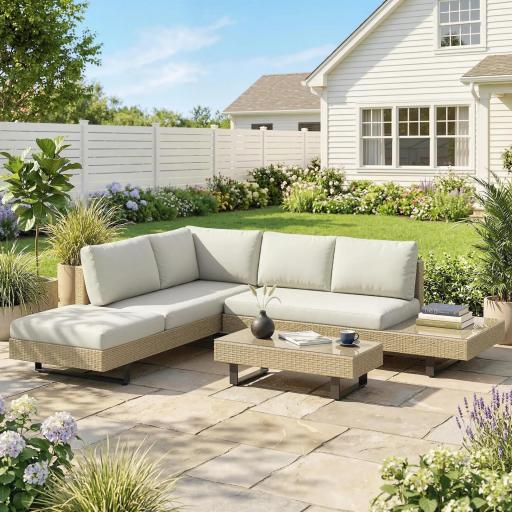 Conjunto de Jardín Exterior de Ratán de 3 Piezas con Sofá Modular de 3 y 2 Plazas Mesa Lateral Mesa de Centro Cojines