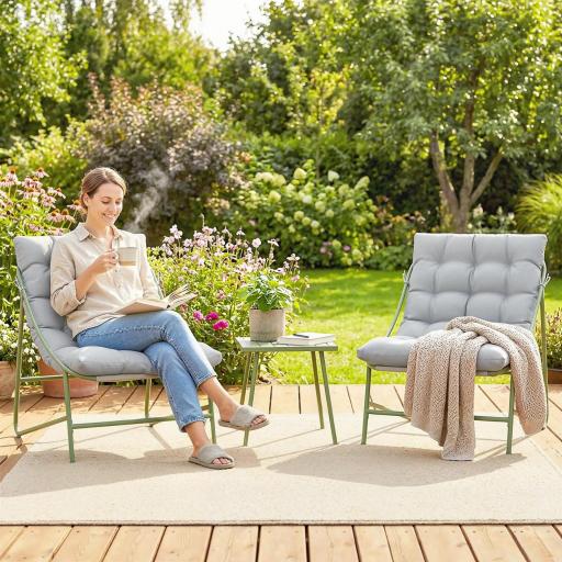 Conjunto de Jardín de 3 Piezas con 2 Sillas Lounge Mesa de Café y Cojines para Exterior Patio Balcón Gris Claro [6]