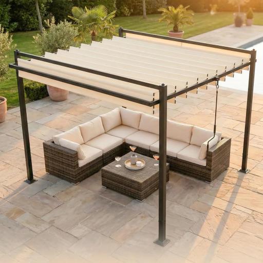 Pérgola de Jardín 3x3,8 m con Techo de Lamas Ajustable a 90° Manivela Estructura de Aluminio y Acero UPF50+ Beige [5]