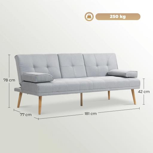Sofá Cama 3 Plazas con Respaldo Ajustable de 3 Niveles Reposabrazos Desmontable 181x77x78 cm Gris Claro [1]
