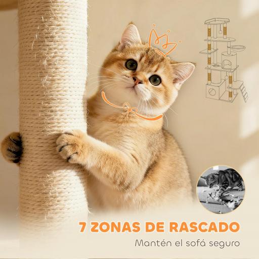 Árbol Rascador para Gatos Grande Altura 170 cm con 7 Postes 1 Túnel 3 Plataformas 2 Cuevas 1 Hamaca Beige [7]