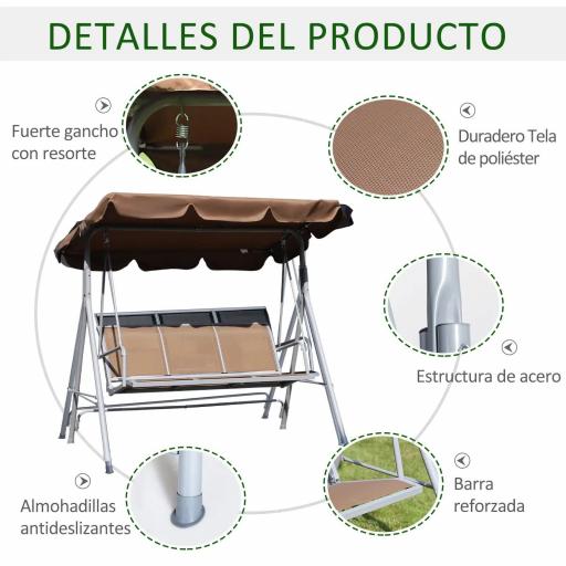 Columpio Jardín Exterior Balancín Jardín Exterior de 3 Plazas con Toldo Ajustable Respaldo Transpirable y Marco de Metal para Terraza Balcón Carga 240 kg 171x108x150 cm Marrón [4]