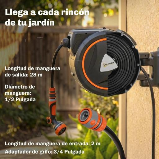 Carrete de Manguera Retráctil 28+2 m con 12 Modos de Rociado Bloqueo Automático Retracción Controlada Soporte Naranja [8]