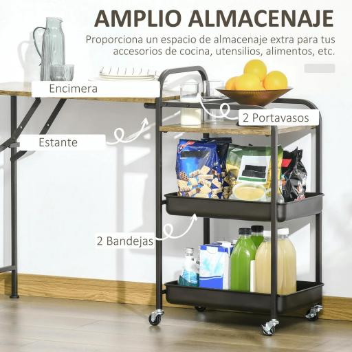 Carro de Cocina con Ruedas Carrito Auxiliar con Estantes de 3 Niveles Hoja Abatible y 2 Portavasos Multiusos para Comedor 118x36,5x82 cm Marrón Rústico [3]
