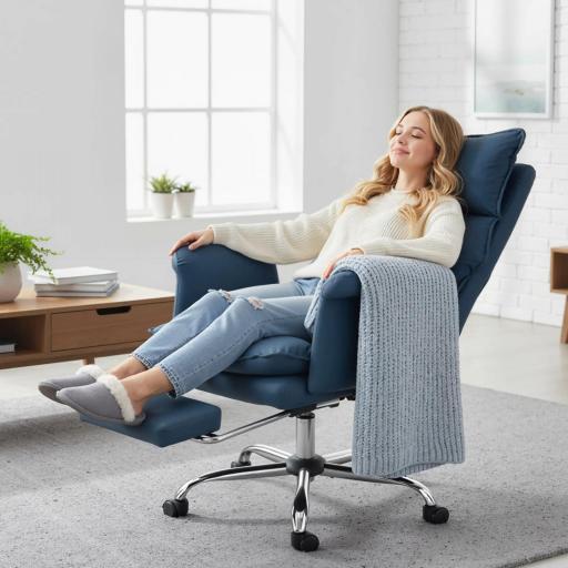 Silla de Escritorio con Reposapiés Respaldo Reclinable Alto Acolchado Grueso Tapizada en Cuero Sintético Ruedas Azul [7]