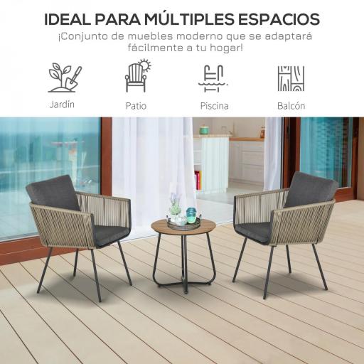 Conjunto de Muebles de Jardín Juego de 3 Piezas Muebles de Ratán 1 Mesa Redonda y 2 Sillas Butaca con Cojines Acolchados para Balcón Terraza Acero Caqui y Gris [4]