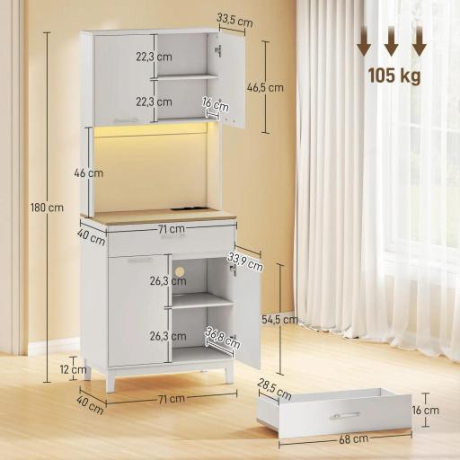 Alacena de Cocina con Luces LED Estación de Carga 4 Puertas Cajón Encimera Abierta 71x40x180 cm Blanco [1]