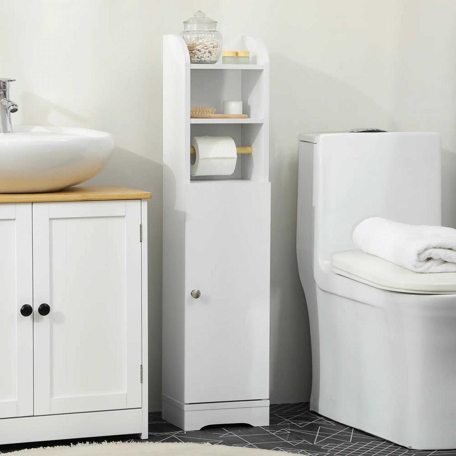 Portarrollos de Papel Higiénico con Armario para Baño con Estante Interior Ajustable 23x18x100 cm Blanco