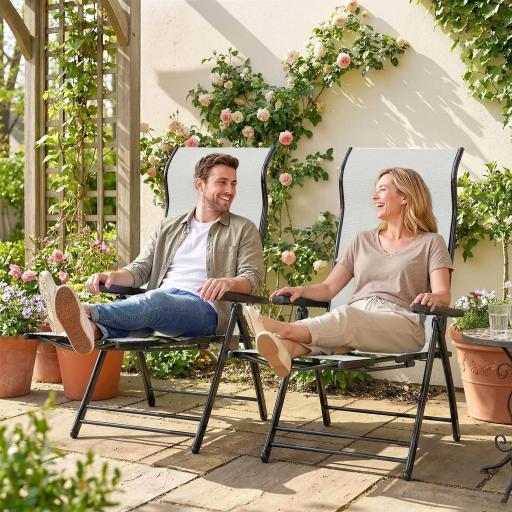 Pack de 2 Sillas Plegables Reclinables de Jardín Exterior con Respaldo Alto Ajustable en 5 Posiciones Reposapiés Gris [7]