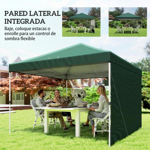 Carpa Plegable Pop-up 3x3 m con Pared Lateral UPF50+ Altura Ajustable Empuje Central Bolsa de Transporte Verde [7]