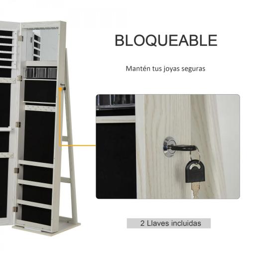 Espejo Joyero de Pie Armario Joyero con Luces LED y Cerradura Armario de Joyas con Espejo Integrada para Dormitorio Blanco con Veta de Madera [2]