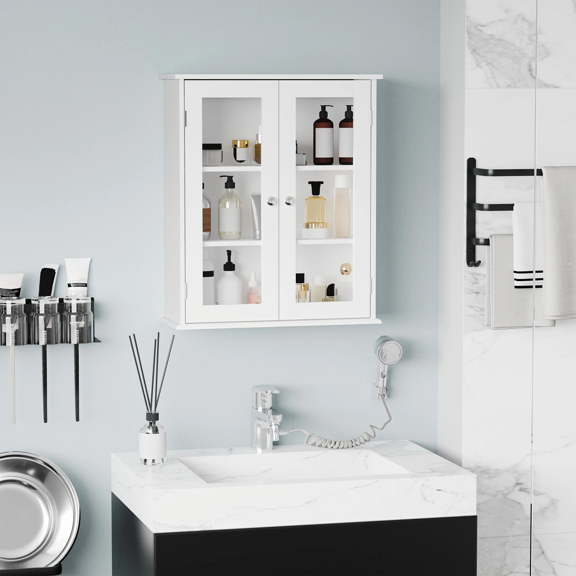 Armario de Pared Baño de 2 Puertas de Cristal Armario Colgante Multiusos para Cocina Salón con Estantes Interiores y Balda Ajustable 55x20x65 cm Blanco