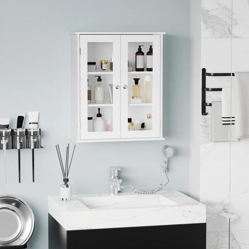 Armario de Pared Baño de 2 Puertas de Cristal Armario Colgante Multiusos para Cocina Salón con Estantes Interiores y Balda Ajustable 55x20x65 cm Blanco 