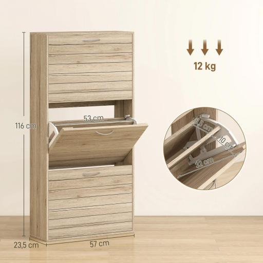 Zapatero Estrecho con 3 Puertas Abatibles Zapatero Entrada Recibidor Estantes Ajustables para 12 Pares de Zapatos Roble [1]