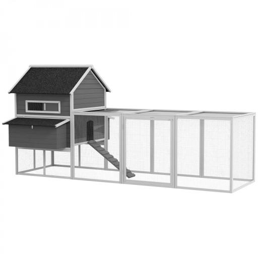 Gallinero de Exterior de Madera para 8-10 Gallinas con 2 Nidos Bandeja Extraíble y Rampa 347x160x150 cm Gris y Blanco [8]