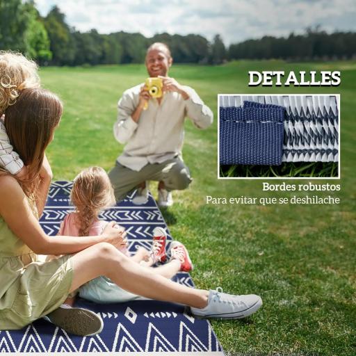 Alfombra de Exterior Reversible 182x274 cm con Patrón Geométrico de Cenefa Impermeable con Bolsa Azul y Blanco [3]